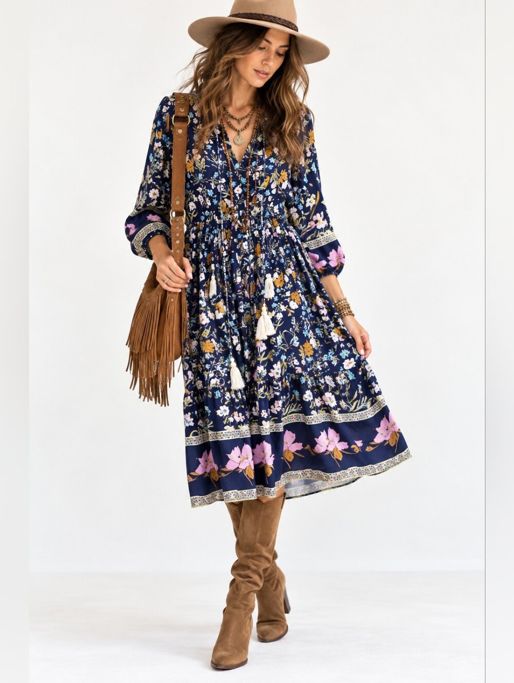 R. Vivimos Dress Floral tassel ties Boho Style Long Sleeve